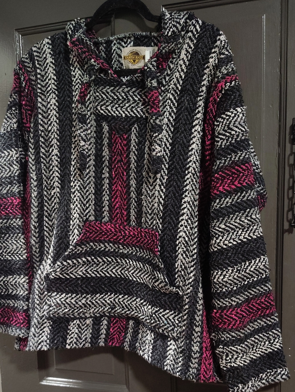 Striped Hooded Baja Sweater - Black, White & Pink